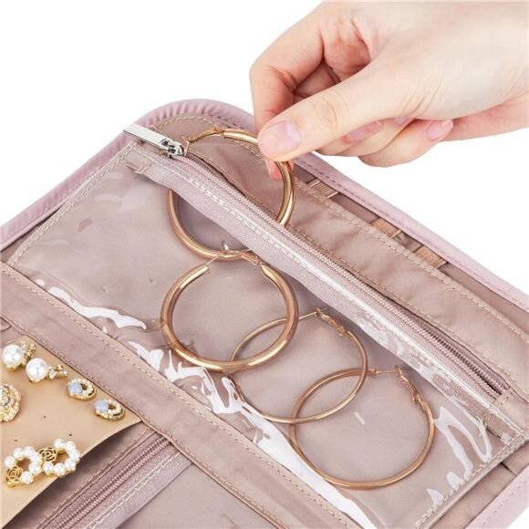Travel Jewelry Case Organizer Foldable Jewelry Roll Storage Bag Pink for Earring - Picture 2 of 7